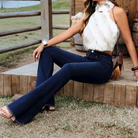 Dark Wash Casual Women's Washed Skinny Flare Leg Jeans - Picture 2 of 6